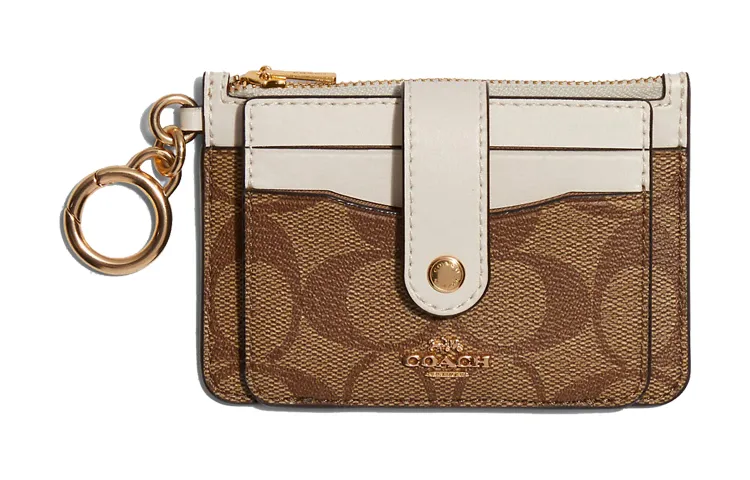 COACH Card Case Canvas Leather Card Holder Mini Women's Khaki & White