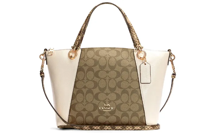 COACH Kacey Snakeskin Print Leather Dumpling Bag Crossbody Handbags Women's Khaki Monogram & White