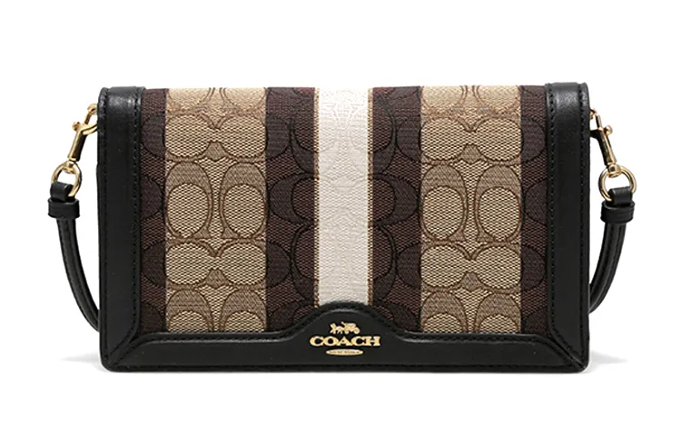 COACH Anna Canvas With Leather Shoulder Bag, Crossbody Bag Small Women's Khaki & Brown Multicolor