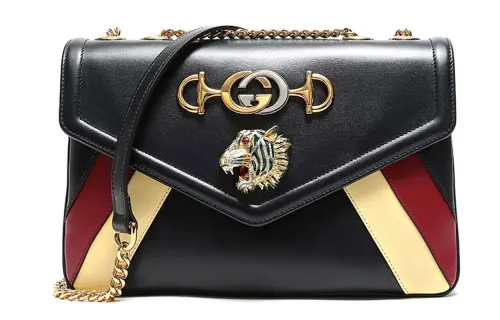 GUCCI Rajah Leather Shoulder Bag Women's Dark Blue & Beige & Red
