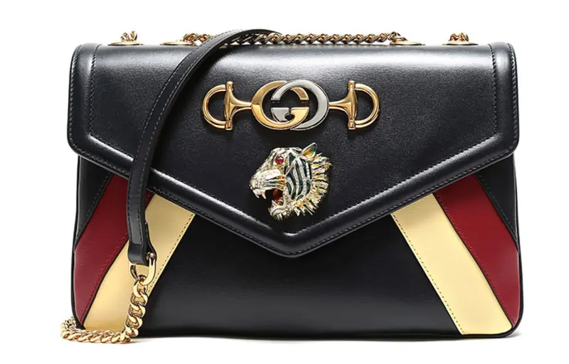 GUCCI Rajah Leather Shoulder Bag Women's Dark Blue & Beige & Red
