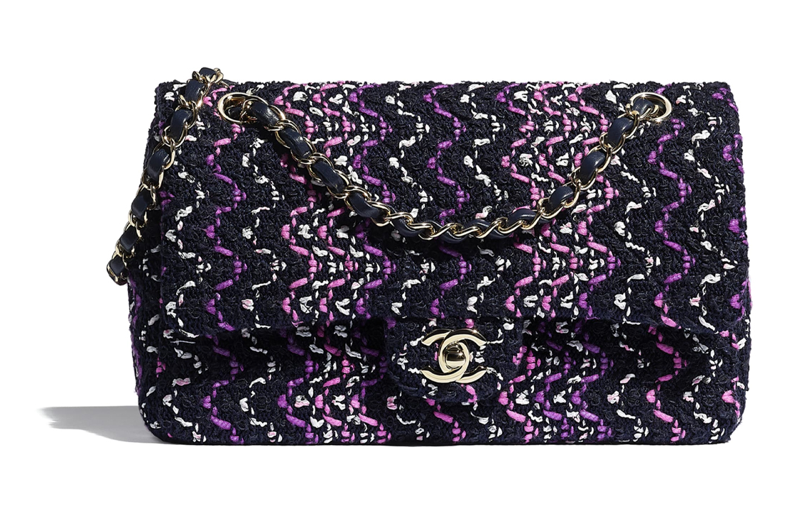 CHANEL Woven Cotton & Metal Flap Bag, Handle Chain, Shoulder Bag Women's Purple & Marine Blue & Pink