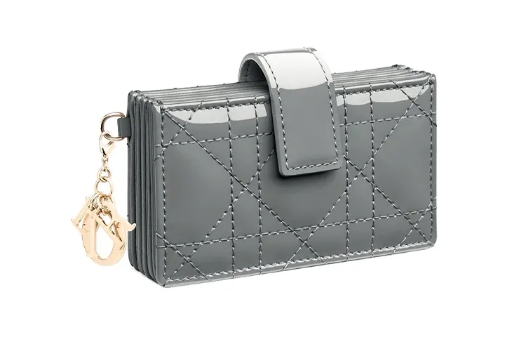 DIOR Lady Dior Cow Leather Wicker Pattern Coin Purse, Card Holder Women's Rock Gray