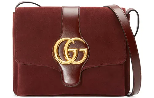GUCCI Suede Patchwork Leather Shoulder Bag, Crossbody Bag Women's Burgundy
