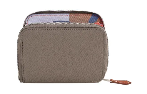 HERMES Silk'In Cow Leather Wallet Women's Tin Gray/Red Earth/French Blue