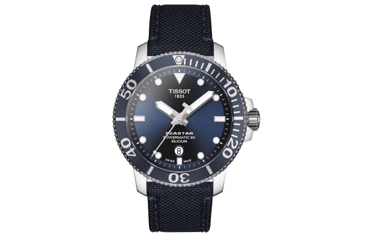 TISSOT Starfish Collection Mechanical Movement Men's Watch 43mm Blue Dial Stainless Steel Case Fabric Strap