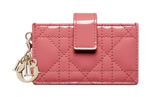 DIOR Lady Dior Wicker Pattern Cow Leather Card Holder Women's Mugwort Pink