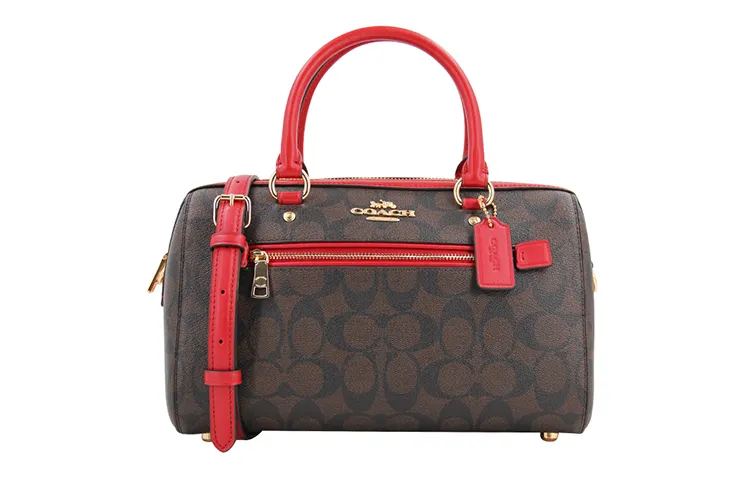 COACH Rowan Canvas With Leather Boston Bag, One Shoulder Handbag Large Women's Red & Dark Brown
