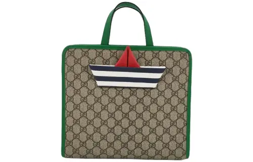 GUCCI Canvas With Leather Tote Bag, Shopping Bag, Handbag Kids' Ebony & Green & Multicolor