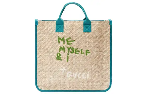 GUCCI Natural Wheat Straw Effect Fabric, Canvas Trim Tote Bag, Shopping Bag, Handbag Kids'