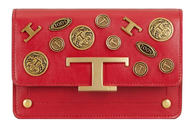 TOD'S Todes metal T-shaped buckle badge patch detachable belt with metal chain leather shoulder bag clutch waist bag extra small women's red