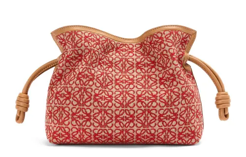 LOEWE Flamenco Jacquard Fabric With Calfskin Drawstring Bag Clutch Mini Women's Red/Desert Brown