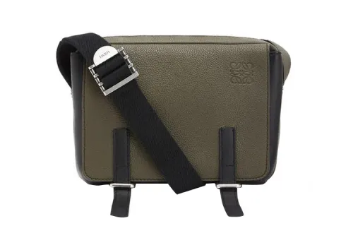 LOEWE Soft Grain Cow Leather Messenger Bag, Shoulder Bag, Crossbody Bag Men's Black/Khaki Green