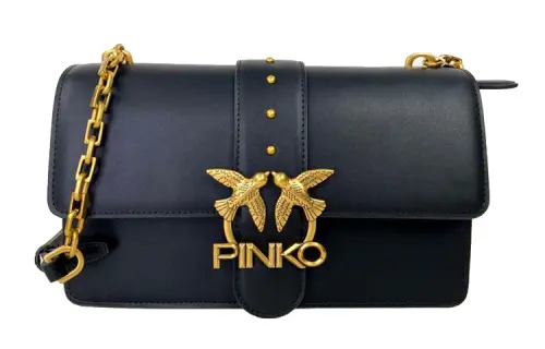 PINKO Cow Leather Shoulder Bag, Crossbody Bag Mini Women's Black & Black Gold