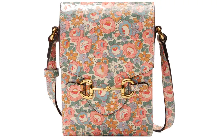 GUCCI Liberty Collaboration Leather Cell Phone Pouch, Shoulder Bag, Crossbody Bag Mini Women's Light Pink/Multicolor