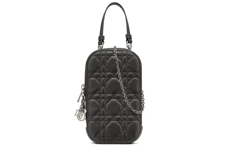 DIOR Lady Dior Sheepskin Cell Phone Pocket, One Shoulder Crossbody Handheld Cell Phone Pouch Women's Black