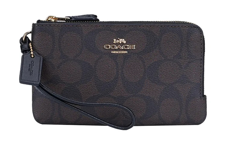 COACH Corner Zip Monogram Canvas With Leather Clutches Small Women's Black Brown