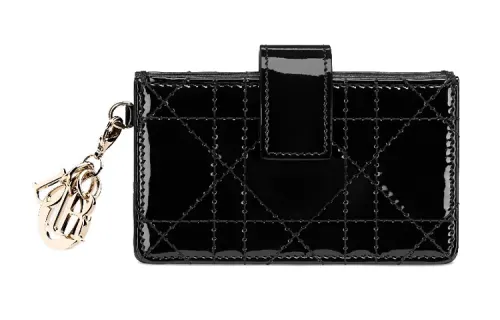 DIOR Patent Leather, Cow Leather Wicker Pattern 5 Compartment Card Holder Women's Black