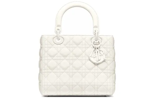 DIOR Lady Dior Matte Cow Leather Handbag, Portable Crossbody Bag, Shoulder Bag Medium Women's White