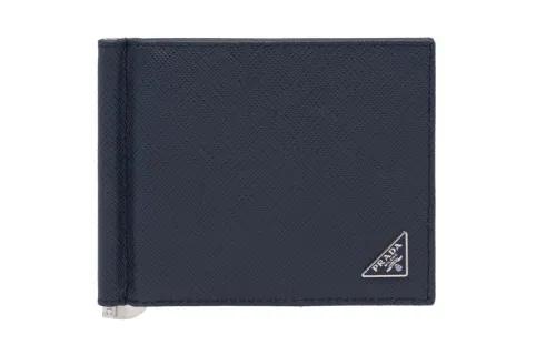 PRADA Multiple Card Slots Cow Leather Card Holder Unisex Marine Blue