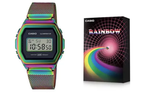 CASIO Casio, retro rainbow quartz watch strap stainless steel for men and women, black dial, quartz mechanism, Japanese and Korean
