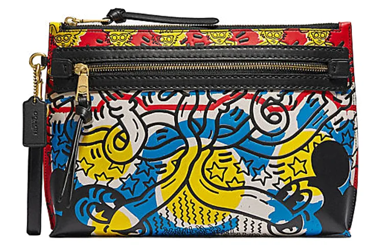 COACH Disney X Keith Haring Collaboration Academy Leather Clutch Large Women's Black Multicolor