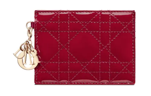 DIOR Lady Dior Calfskin Card Holder, Wallet Women's Cherry Red