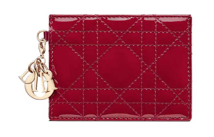 DIOR Lady Dior Calfskin Card Holder, Wallet Women's Cherry Red