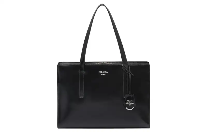 PRADA Re Edition Shiny Leather Shoulder Bag, Crossbody Bag, Handbag Medium Unisex Black