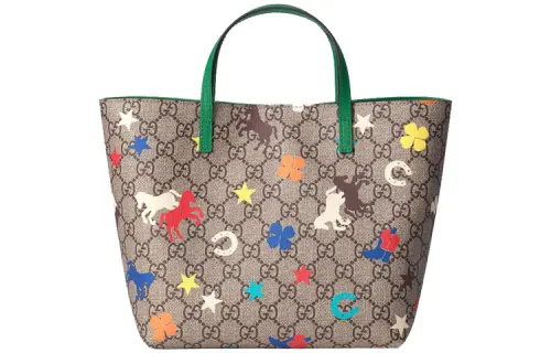 GUCCI Canvas With Leather Tote Bag, Shopping Bag, Handbag Regular Kids' Ebony/Green/Multicolor