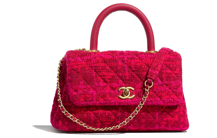 CHANEL Coco Handle Twill Cotton Fabric, Cow Leather Chain Bag, Handbag, Shoulder Bag Women's Red