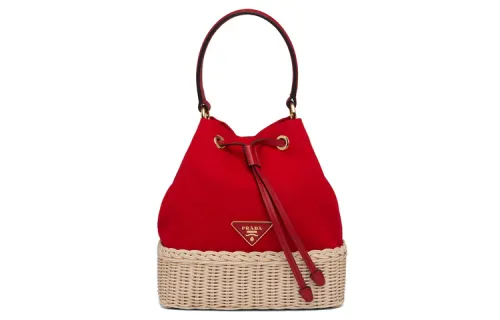 PRADA Woven Nylon Canvas With Leather Handbag Women's Tan/Red