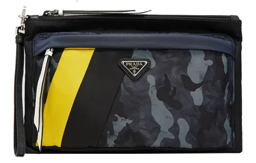 PRADA Zip Closure Nylon, Calfskin Toiletry Bag Men's Black Yellow