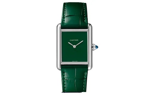CARTIER TANK DE Quartz Movement Unisex Watch 25.5*33.7mm Green Dial Stainless Steel Case Crocodile Leather Strap