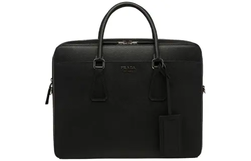 PRADA Saffiano Solid Color Leather Portable Briefcase Men's Black