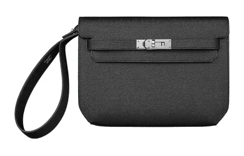 HERMES Kelly Depeches Cow Leather Clutch Unisex Black