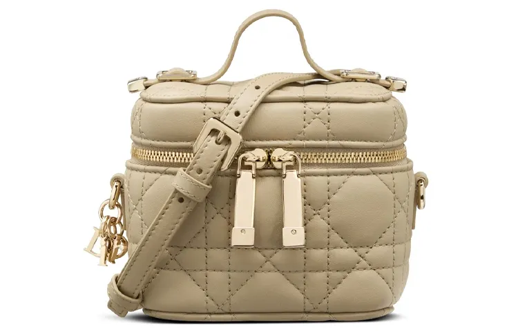 DIOR Lady Dior Wicker Pattern Lambskin Box Bag Portable One Shoulder Crossbody Makeup Bag Mini Women's Beige