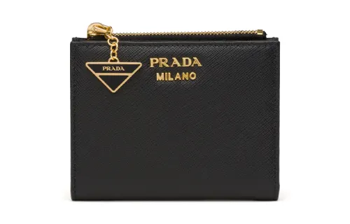PRADA Saffiano Foldable Leather Card Holder, Wallet Women's Black