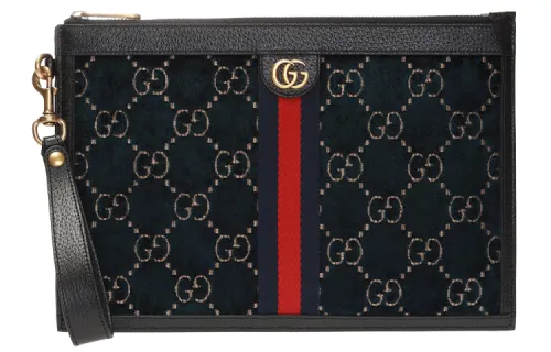 GUCCI Velvet Patchwork Leather Clutch Women's Dark Blue