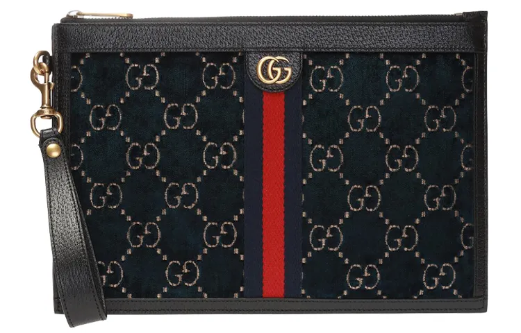 GUCCI Velvet Patchwork Leather Clutch Women's Dark Blue