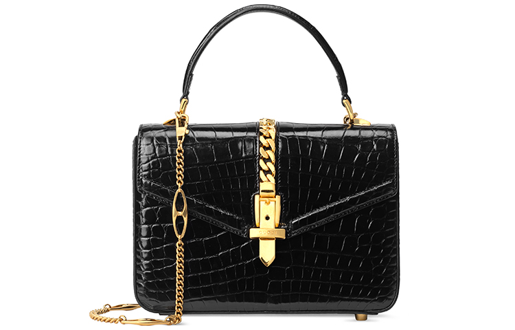 GUCCI Sylvie 1969 Gold tone Lock Crocodile Leather Shoulder Bag, Crossbody Bag, Handbag Mini Women's Black