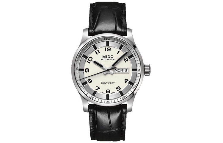 MIDO Mechanical universal mechanism, waterproof calendar, men's watch, white dial, case stainless steel, watch strap, Switzerland, 100meter, 42mm, genuine leather