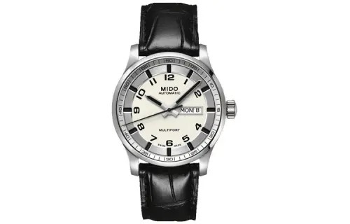 MIDO Mechanical universal mechanism, waterproof calendar, men's watch, white dial, case stainless steel, watch strap, Switzerland, 100meter, 42mm, genuine leather
