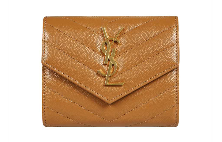 SAINT LAURENT Saint Laurent YSL Monogram Gold Label Logo Grain Embossed Short Tri-fold Wallet Quilted Leather Wallet Women's Dark Natural Brown