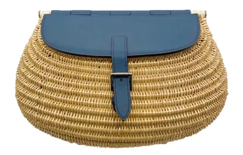 HERMES Woven Wicker With Swift Leather Shoulder Bag, Crossbody Bag Women's 7P Bleu De Prusse Prussian Blue