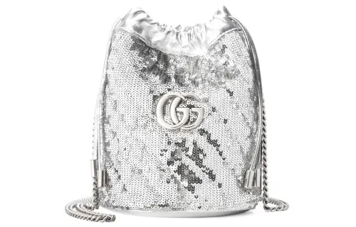 GUCCI Marmont Sequins Drawstring Bucket Bag, Shoulder Bag, Crossbody Bag Mini Women's Silver
