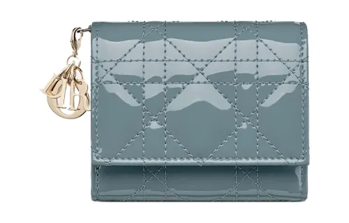 DIOR Lady Dior Wicker Pattern Patent Leather Calfskin Wallet, Card Holder Women's Gray Blue