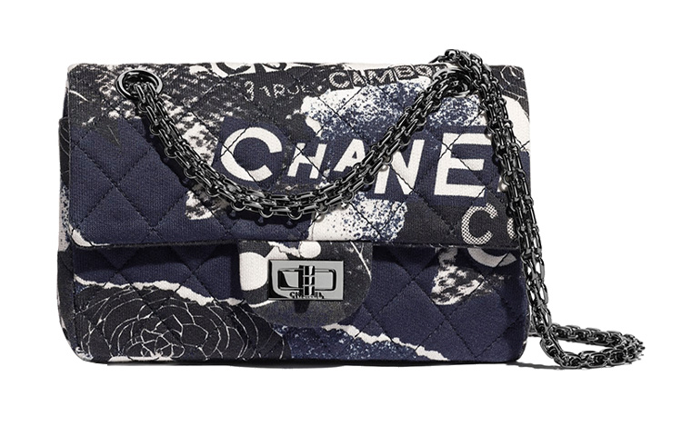 CHANEL 2.55 Print Cotton Fabric Mouth Cover Bag, Chain Bag, Crossbody Bag, Shoulder Bag Women's Blue & White