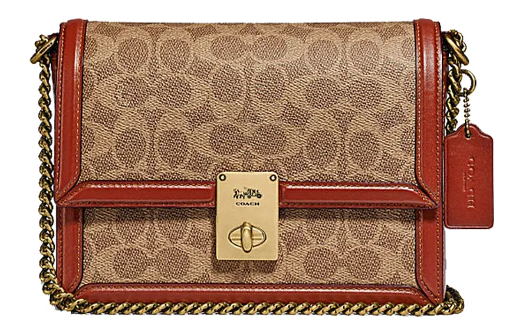 COACH Hutton Coated Canvas With Cow Leather Small Square Bag, Chain Bag, Handbag, Crossbody Bag, Shoulder Bag Women's
