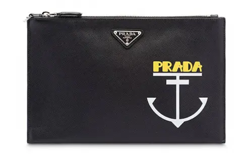 PRADA Luggage Collection Cross Grain Cow Leather Clutch Unisex Black